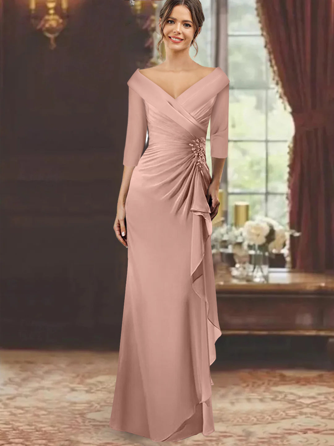 V Neck Long Mother of the Bride Dress with Ruffles and Appliques Half Sleeves