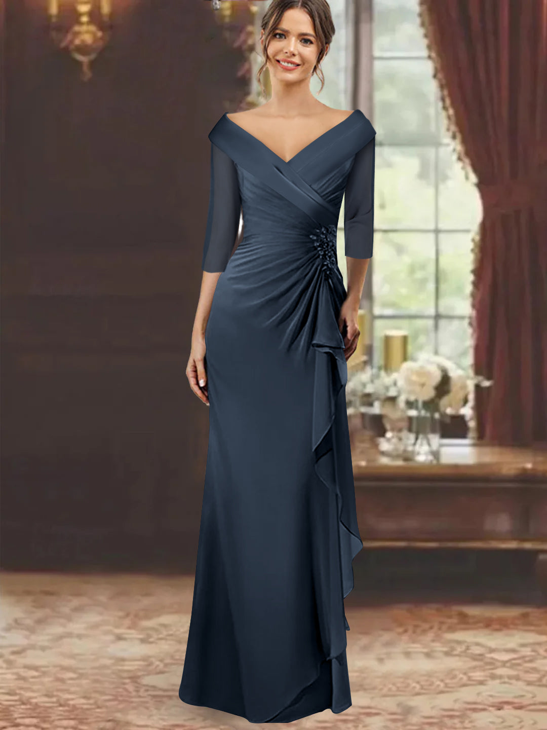 V Neck Long Mother of the Bride Dress with Ruffles and Appliques Half Sleeves