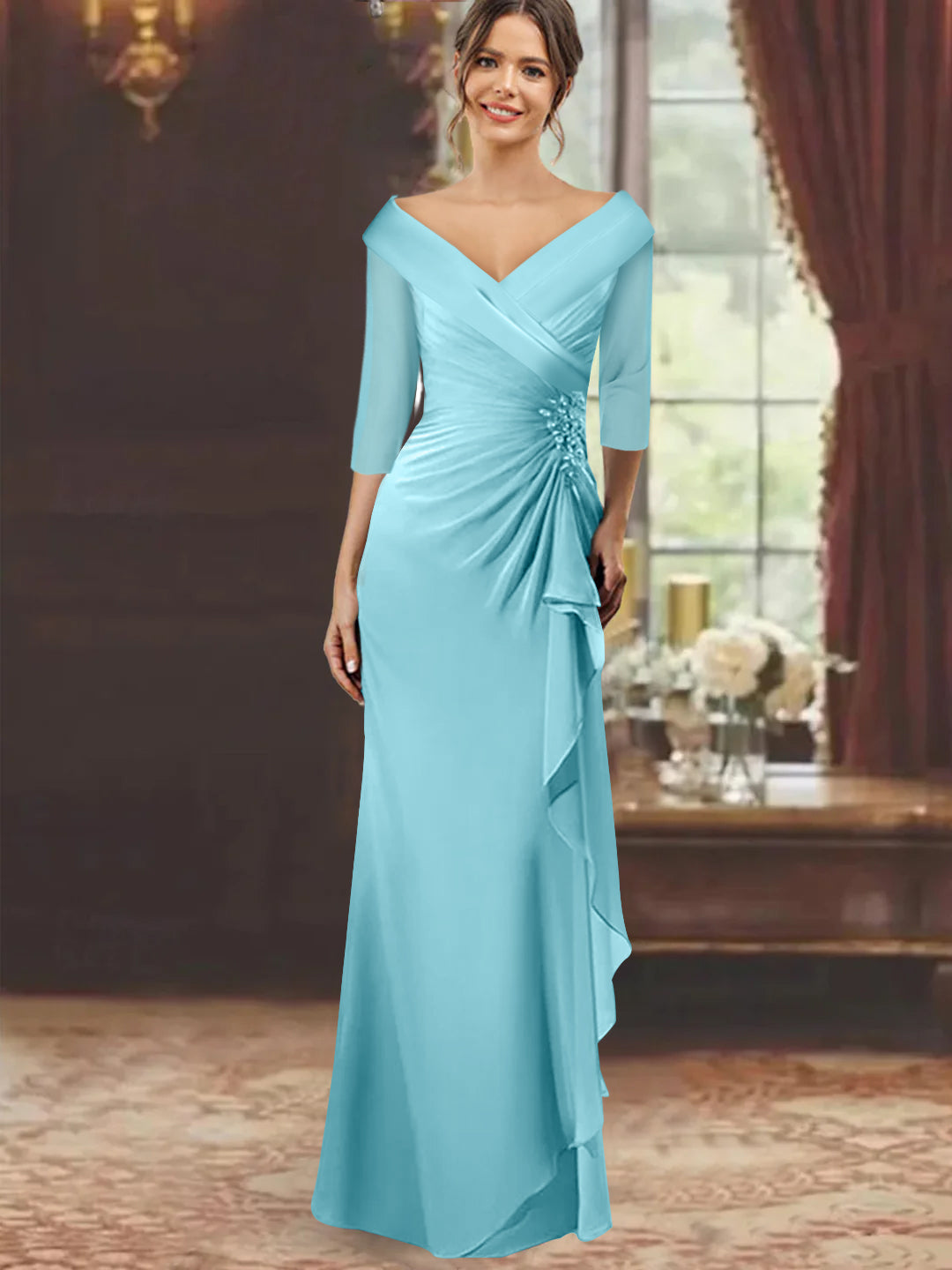 V Neck Long Mother of the Bride Dress with Ruffles and Appliques Half Sleeves