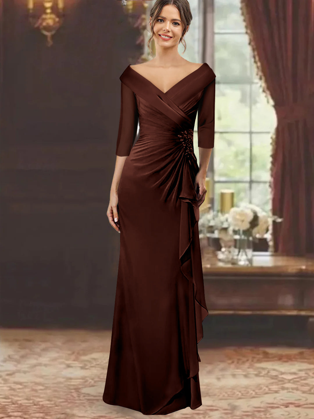 V Neck Long Mother of the Bride Dress with Ruffles and Appliques Half Sleeves