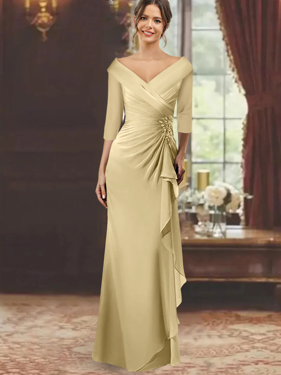 V Neck Long Mother of the Bride Dress with Ruffles and Appliques Half Sleeves