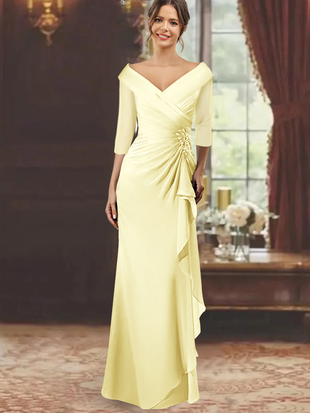 V Neck Long Mother of the Bride Dress with Ruffles and Appliques Half Sleeves