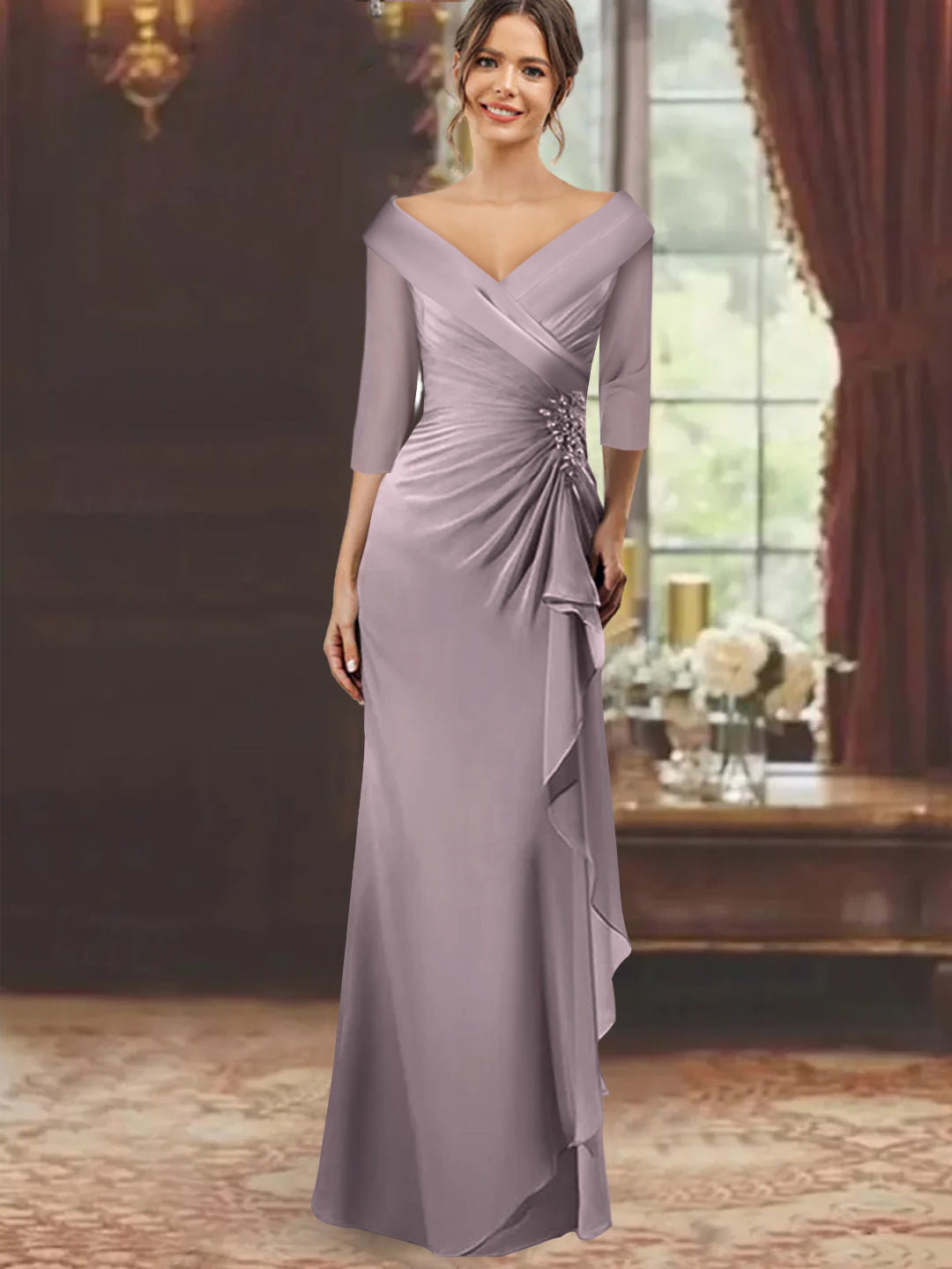 V Neck Long Mother of the Bride Dress with Ruffles and Appliques Half Sleeves