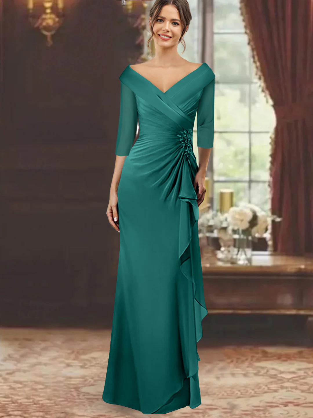 V Neck Long Mother of the Bride Dress with Ruffles and Appliques Half Sleeves