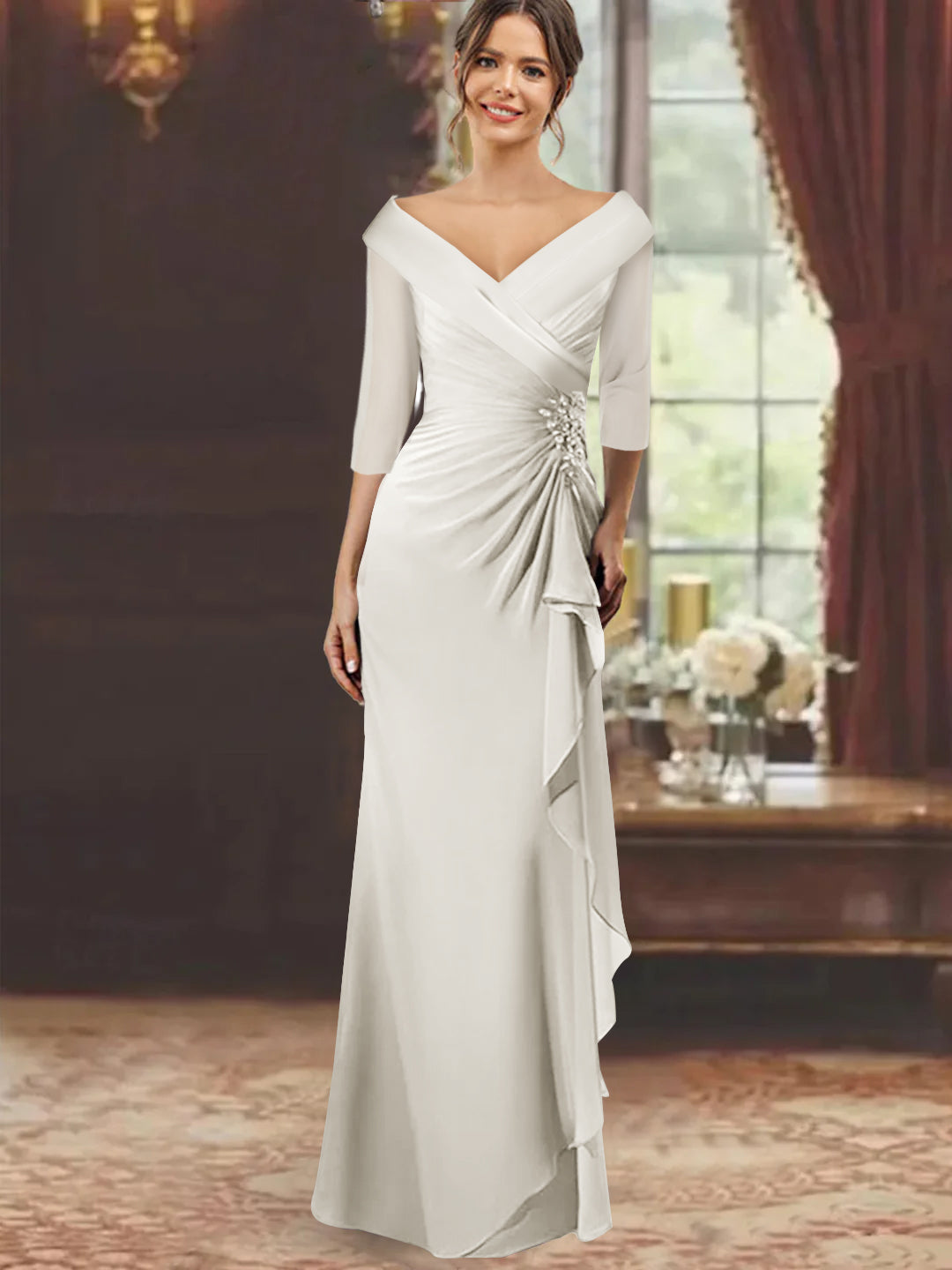 V Neck Long Mother of the Bride Dress with Ruffles and Appliques Half Sleeves