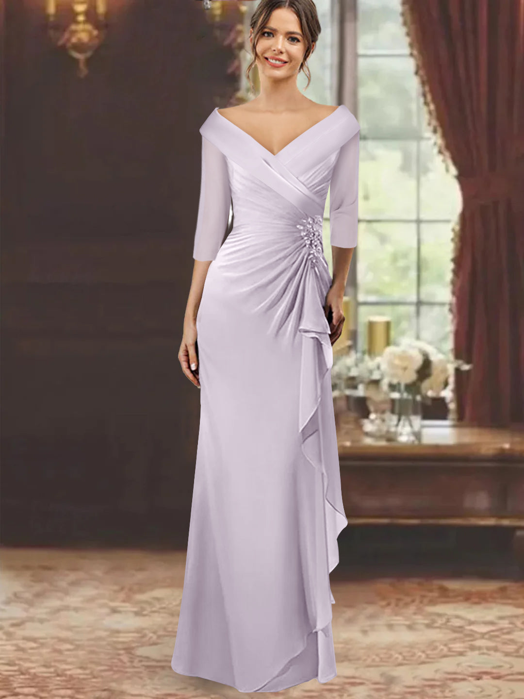 V Neck Long Mother of the Bride Dress with Ruffles and Appliques Half Sleeves