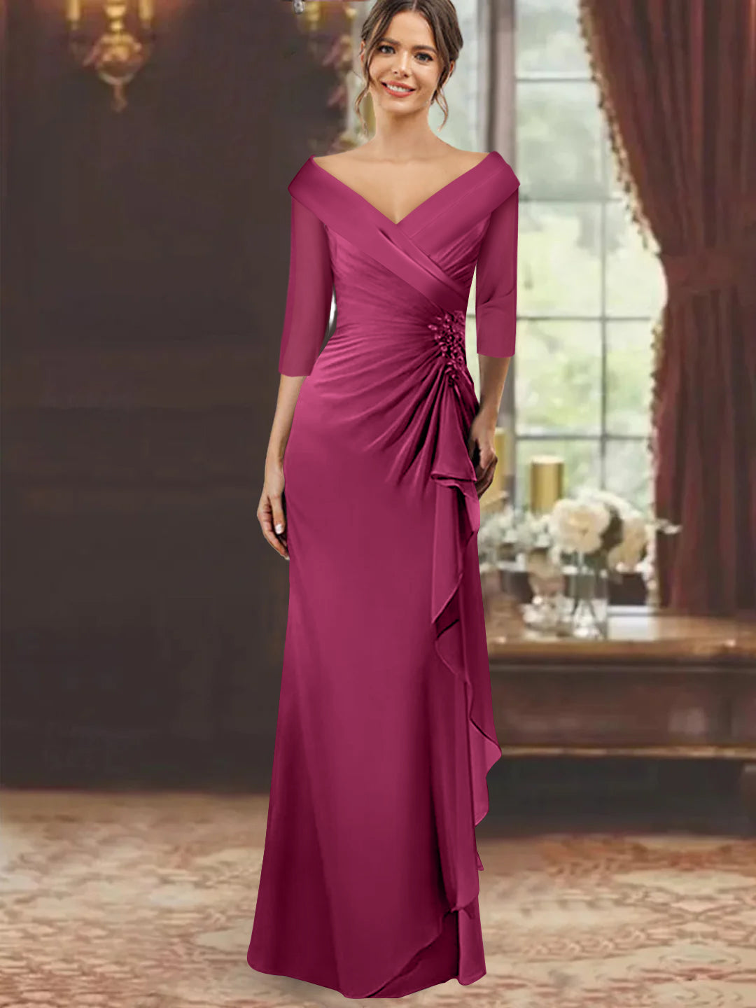 V Neck Long Mother of the Bride Dress with Ruffles and Appliques Half Sleeves