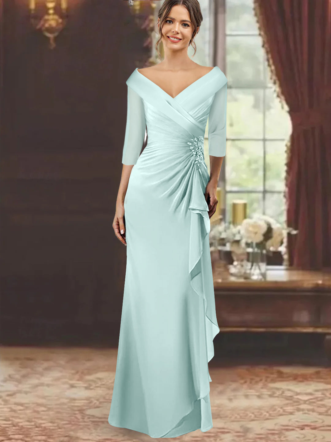 V Neck Long Mother of the Bride Dress with Ruffles and Appliques Half Sleeves