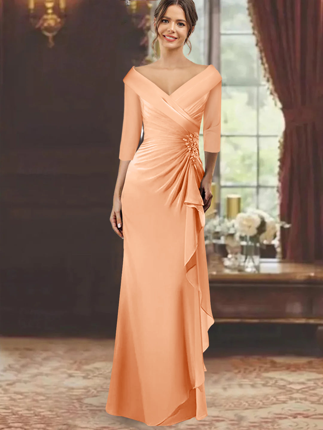 V Neck Long Mother of the Bride Dress with Ruffles and Appliques Half Sleeves