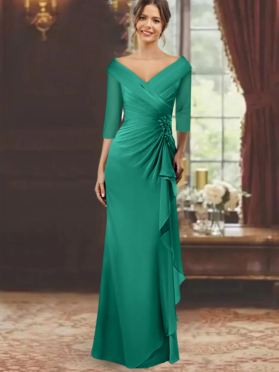 V Neck Long Mother of the Bride Dress with Ruffles and Appliques Half Sleeves