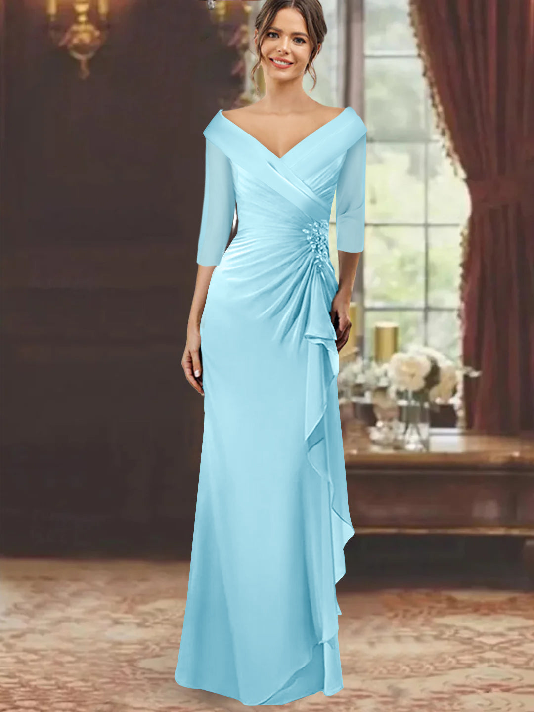 V Neck Long Mother of the Bride Dress with Ruffles and Appliques Half Sleeves