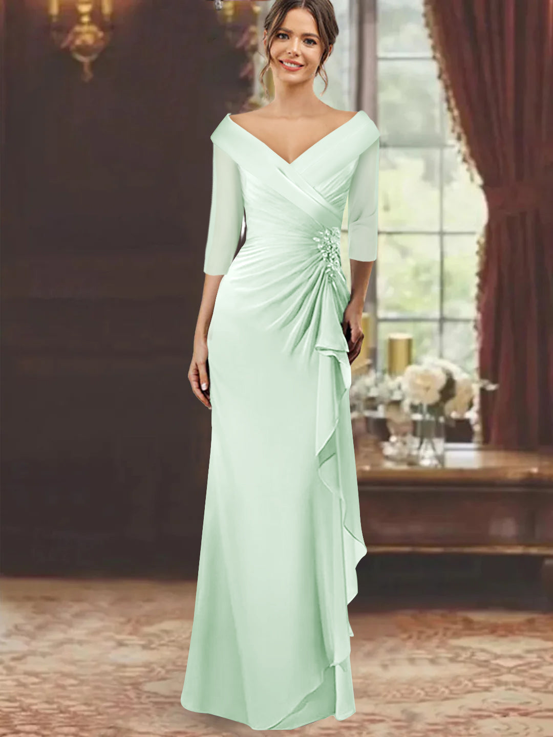 V Neck Long Mother of the Bride Dress with Ruffles and Appliques Half Sleeves