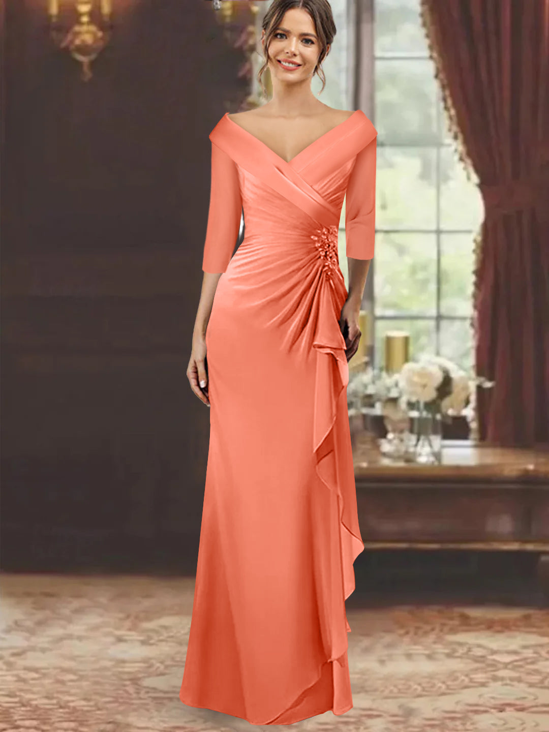 V Neck Long Mother of the Bride Dress with Ruffles and Appliques Half Sleeves