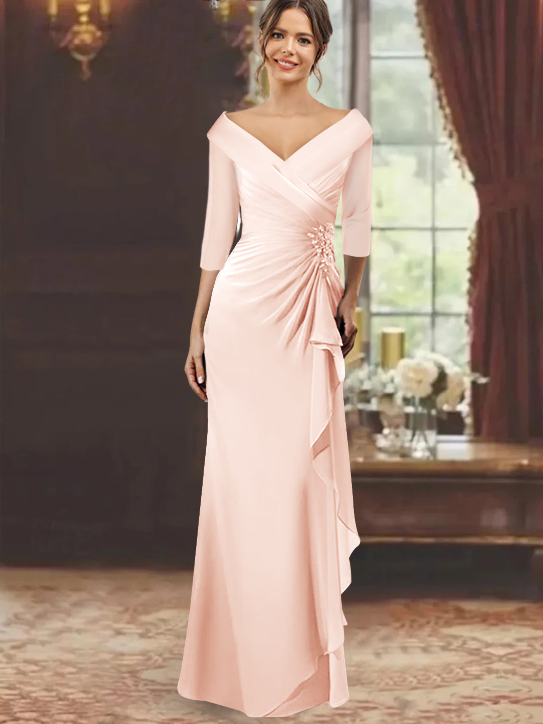 V Neck Long Mother of the Bride Dress with Ruffles and Appliques Half Sleeves