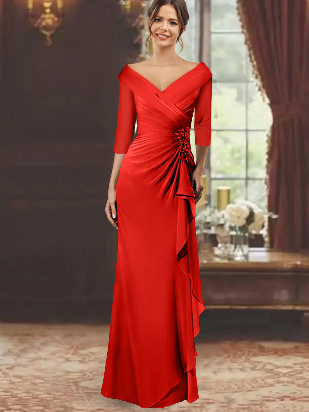 V Neck Long Mother of the Bride Dress with Ruffles and Appliques Half Sleeves