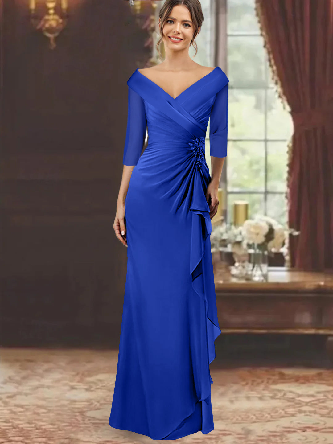 V Neck Long Mother of the Bride Dress with Ruffles and Appliques Half Sleeves