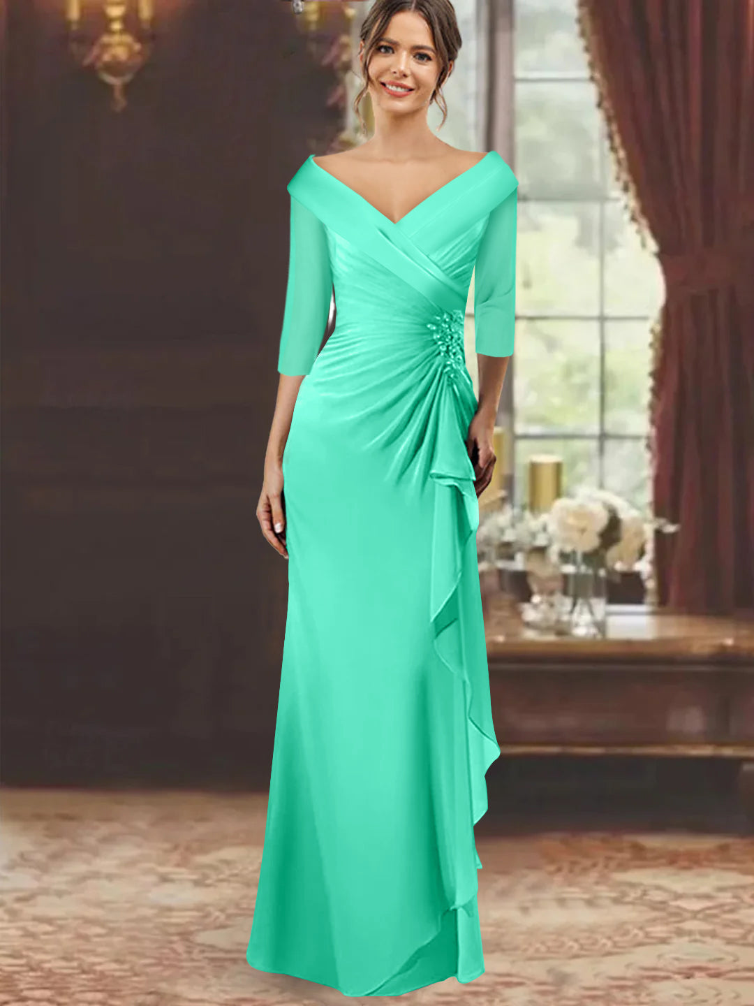 V Neck Long Mother of the Bride Dress with Ruffles and Appliques Half Sleeves