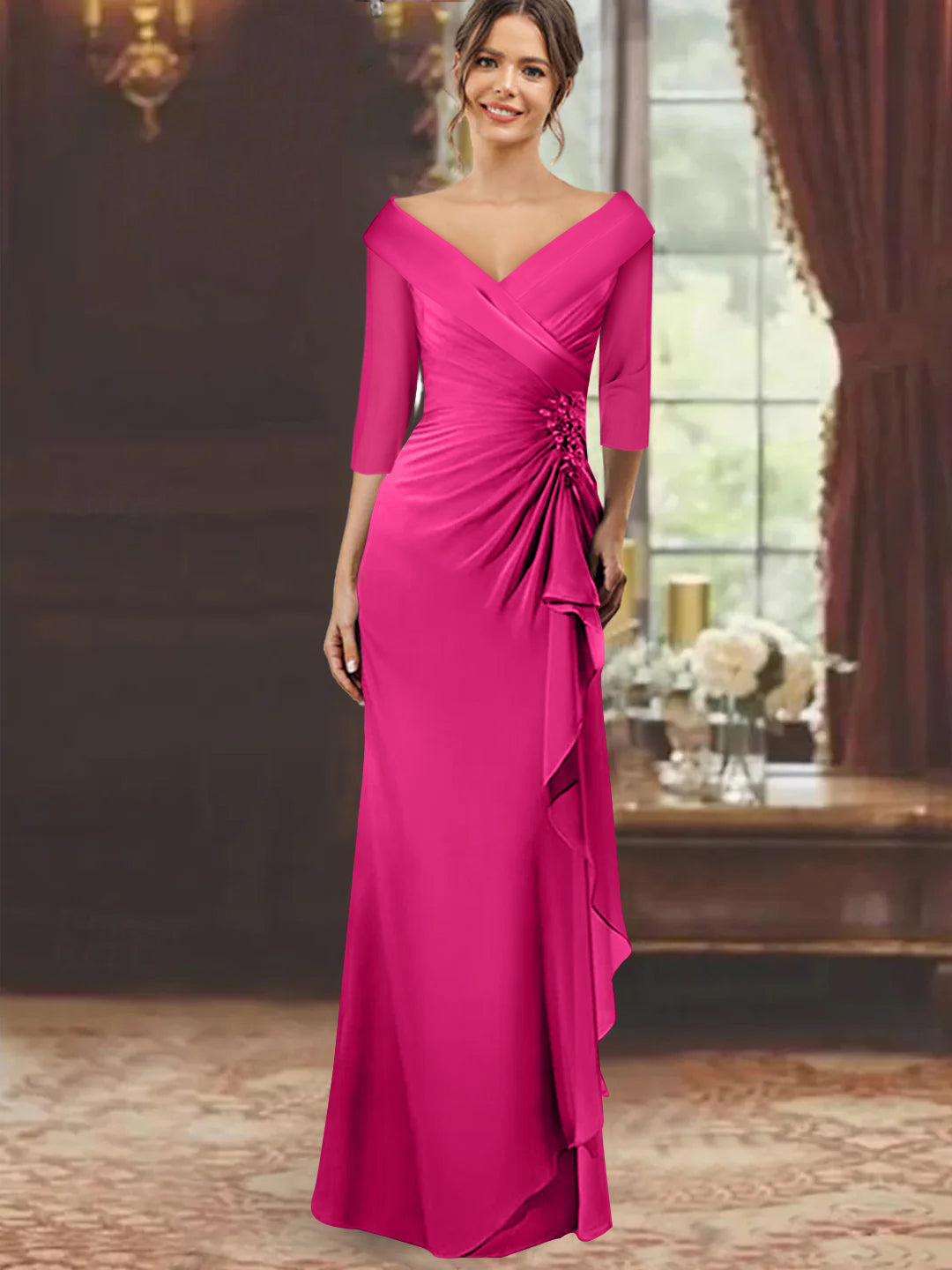 V Neck Long Mother of the Bride Dress with Ruffles and Appliques Half Sleeves