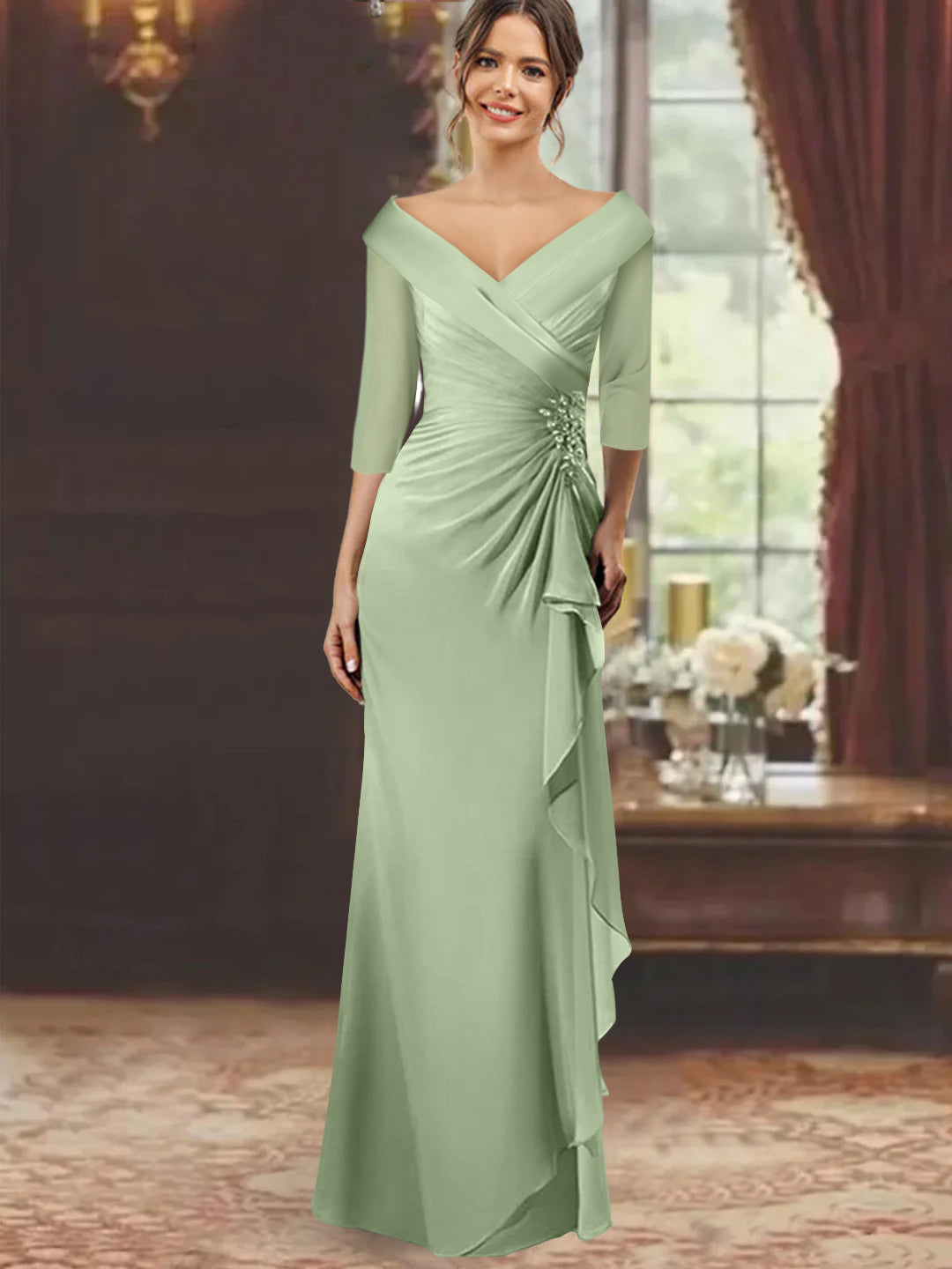 V Neck Long Mother of the Bride Dress with Ruffles and Appliques Half Sleeves
