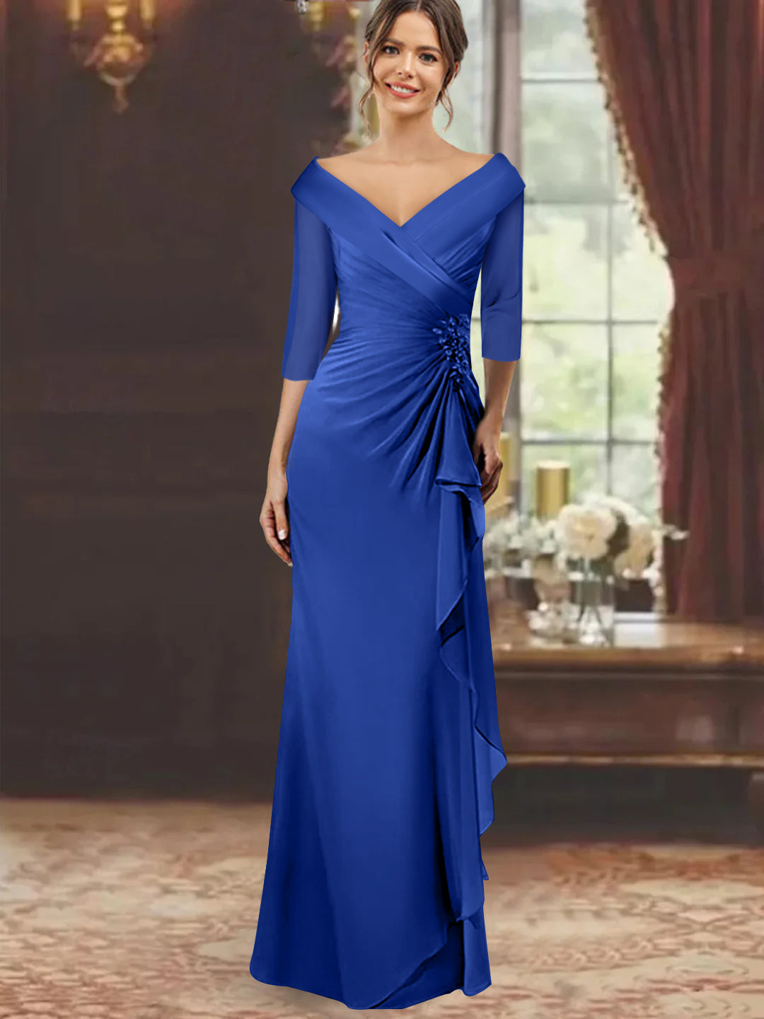 V Neck Long Mother of the Bride Dress with Ruffles and Appliques Half Sleeves