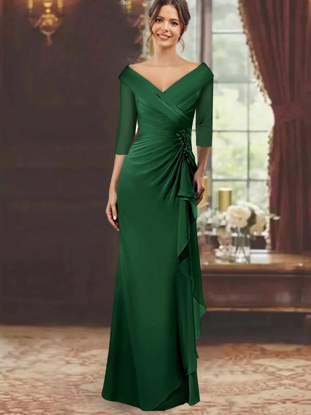 V Neck Long Mother of the Bride Dress with Ruffles and Appliques Half Sleeves