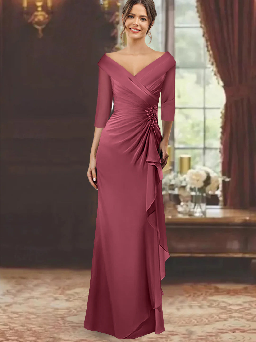 V Neck Long Mother of the Bride Dress with Ruffles and Appliques Half Sleeves