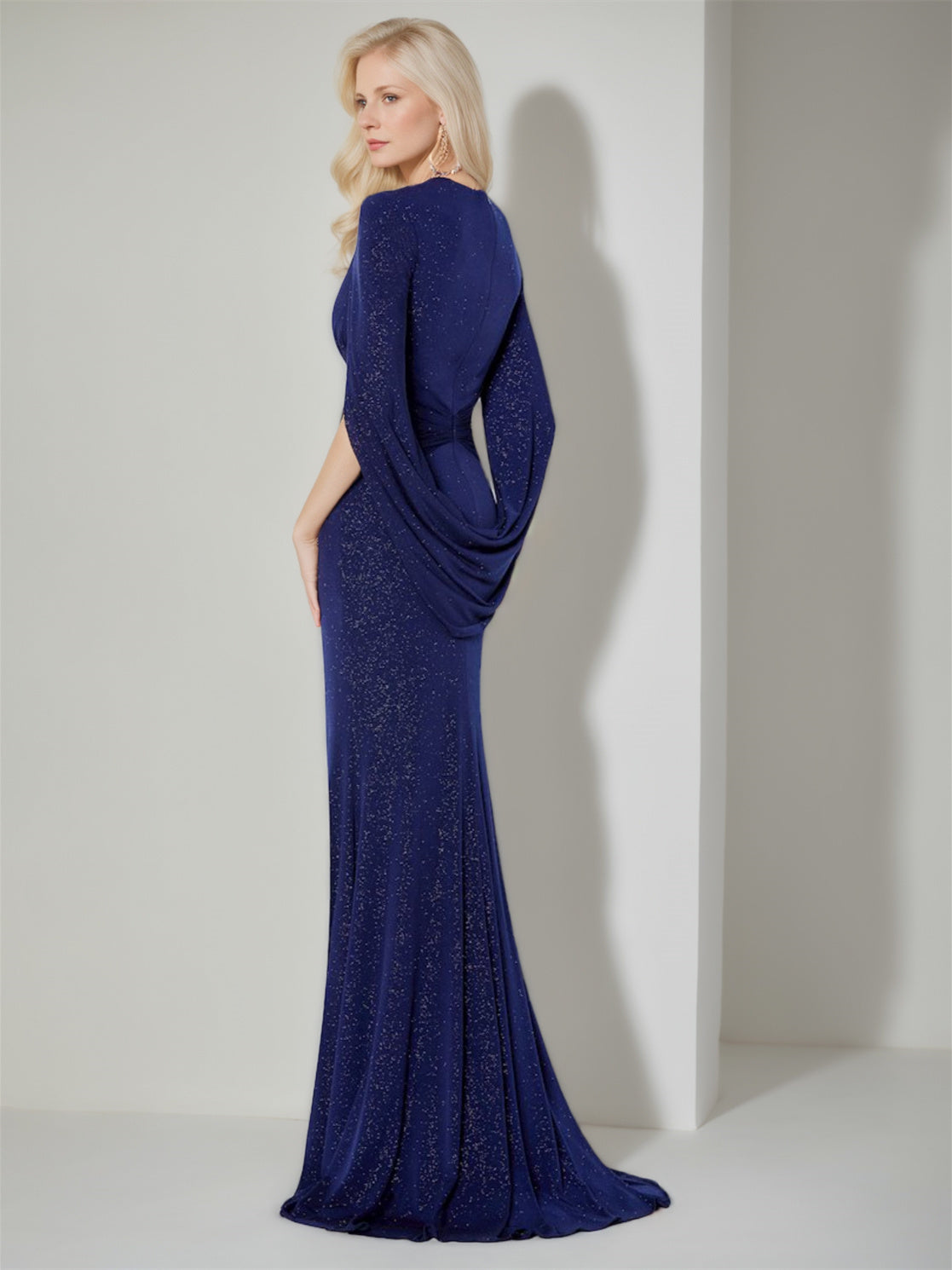 V Neck Long Mother of the Bride Sheath Dress With Three Quarter Sleeves and Ruffles