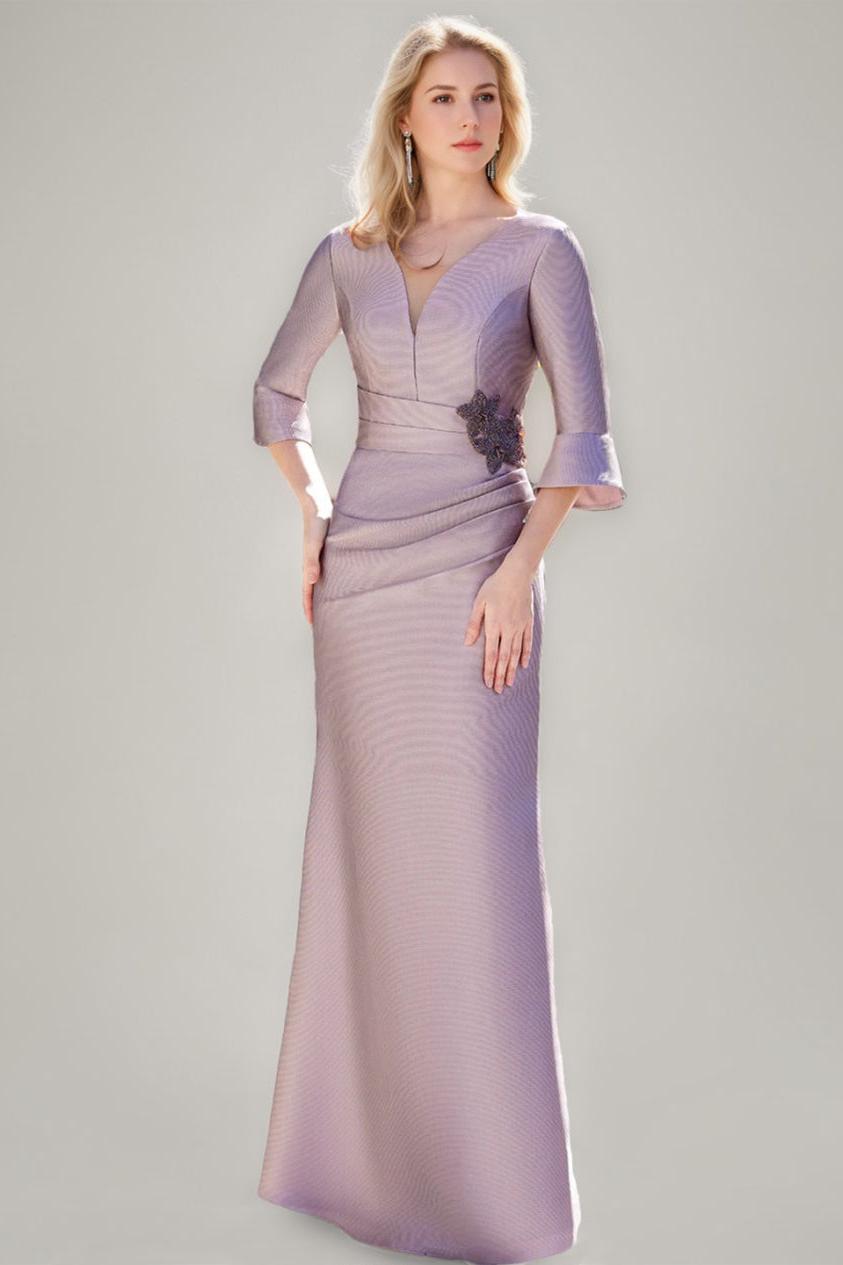 V Neck Long Trumpet Mermaid Mother of the Bride Dress with Ruched Detail Ruffled Sleeves and Jewel Appliques