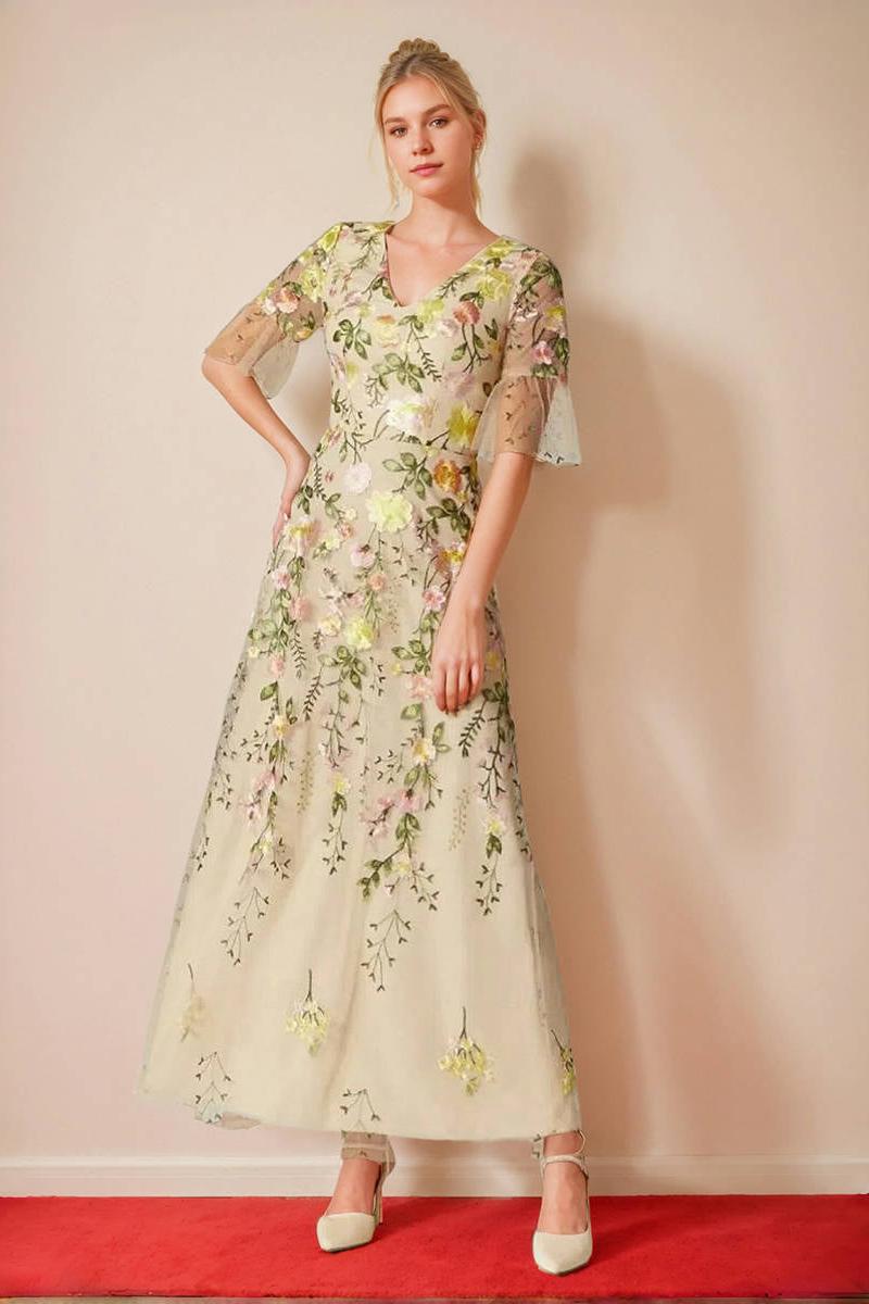 V Neck Floral A Line Mother of the Bride Dress with Short Sleeves and Embroidery
