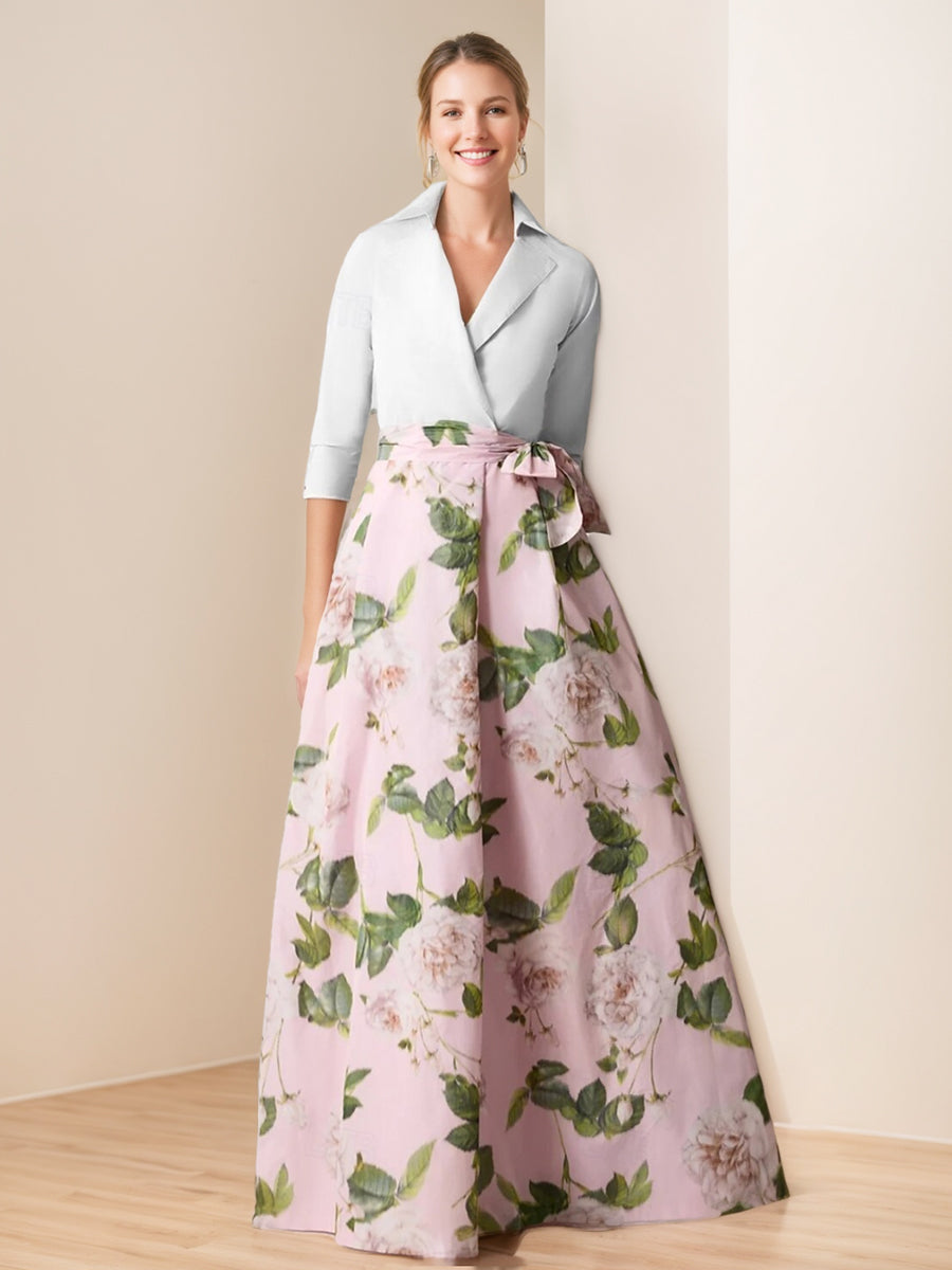 V Neck Floral Print Mother of the Bride Dress with Bow Belt A Line Cut and 3/4 Sleeves