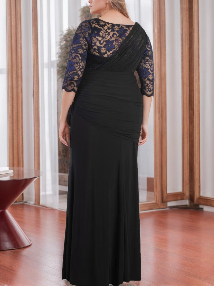 V Neck Half Sleeve Plus Size Long Mother of the Bride Sheath Dress with Appliques and Ruffles
