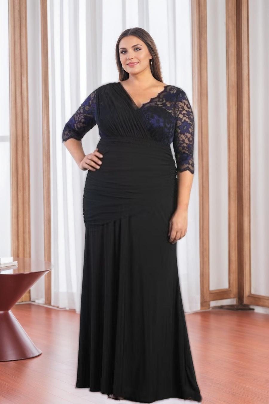 V Neck Half Sleeve Plus Size Long Mother of the Bride Sheath Dress with Appliques and Ruffles