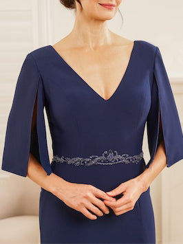 V Neck Half Sleeve Sheath Column Dress for Mothers of the Bride & Groom with Appliques and Side Split