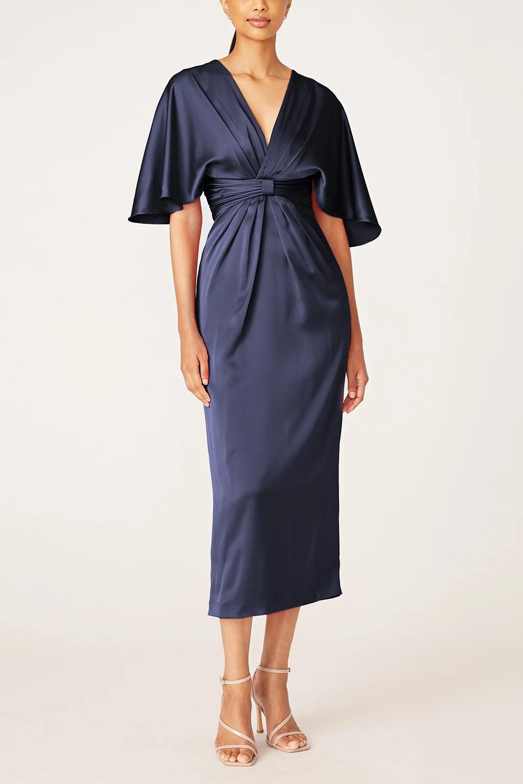 V Neck Half Sleeve Tea Length Sheath Dress with Ruffles for the Mother of the Bride