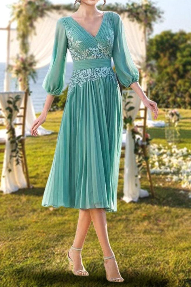 V Neck Knee Length A Line Dress for the Mother of the Bride with Lace Ruffle Embroidery
