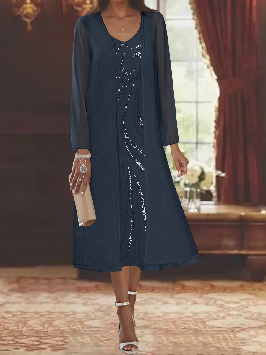 V Neck Long Sleeve Tea Length Mother of the Bride Dress with Jacket and Sequins