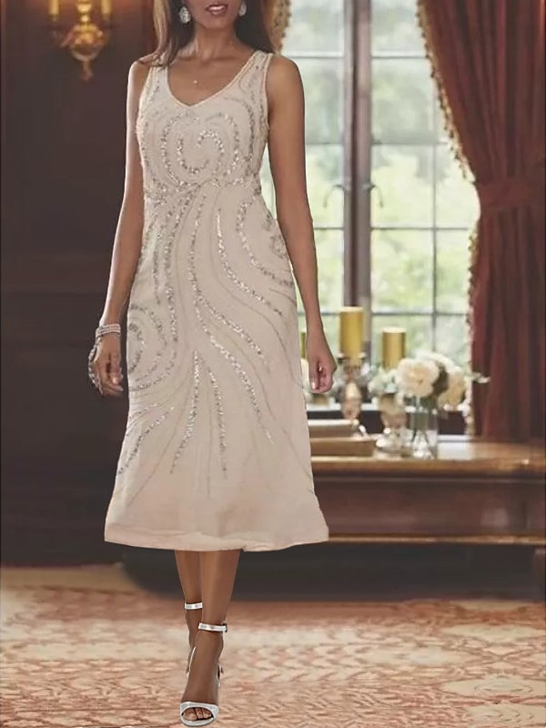 V Neck Long Sleeve Tea Length Mother of the Bride Dress with Jacket and Sequins