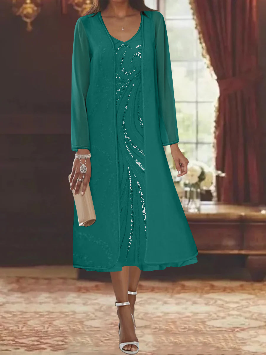 V Neck Long Sleeve Tea Length Mother of the Bride Dress with Jacket and Sequins