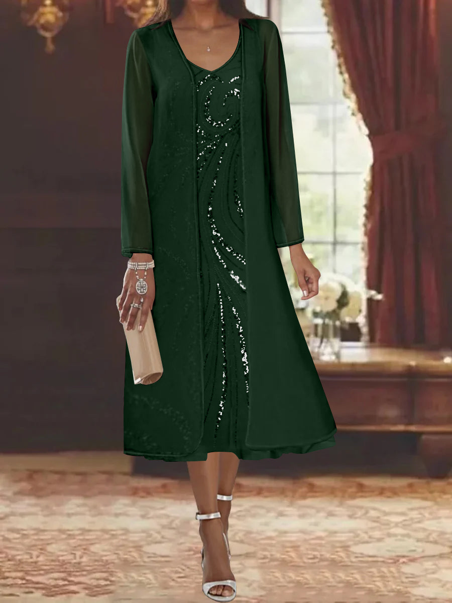 V Neck Long Sleeve Tea Length Mother of the Bride Dress with Jacket and Sequins