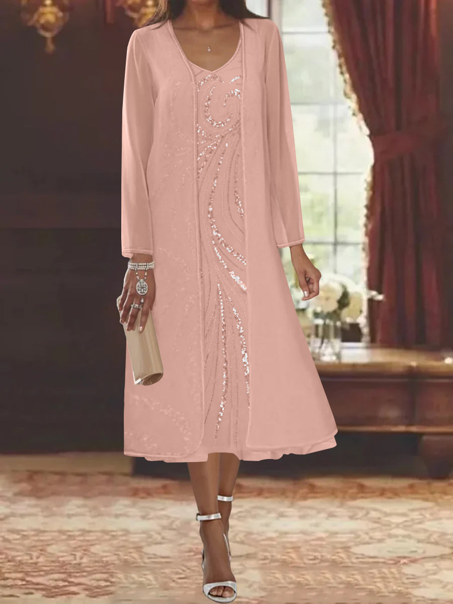 V Neck Long Sleeve Tea Length Mother of the Bride Dress with Jacket and Sequins