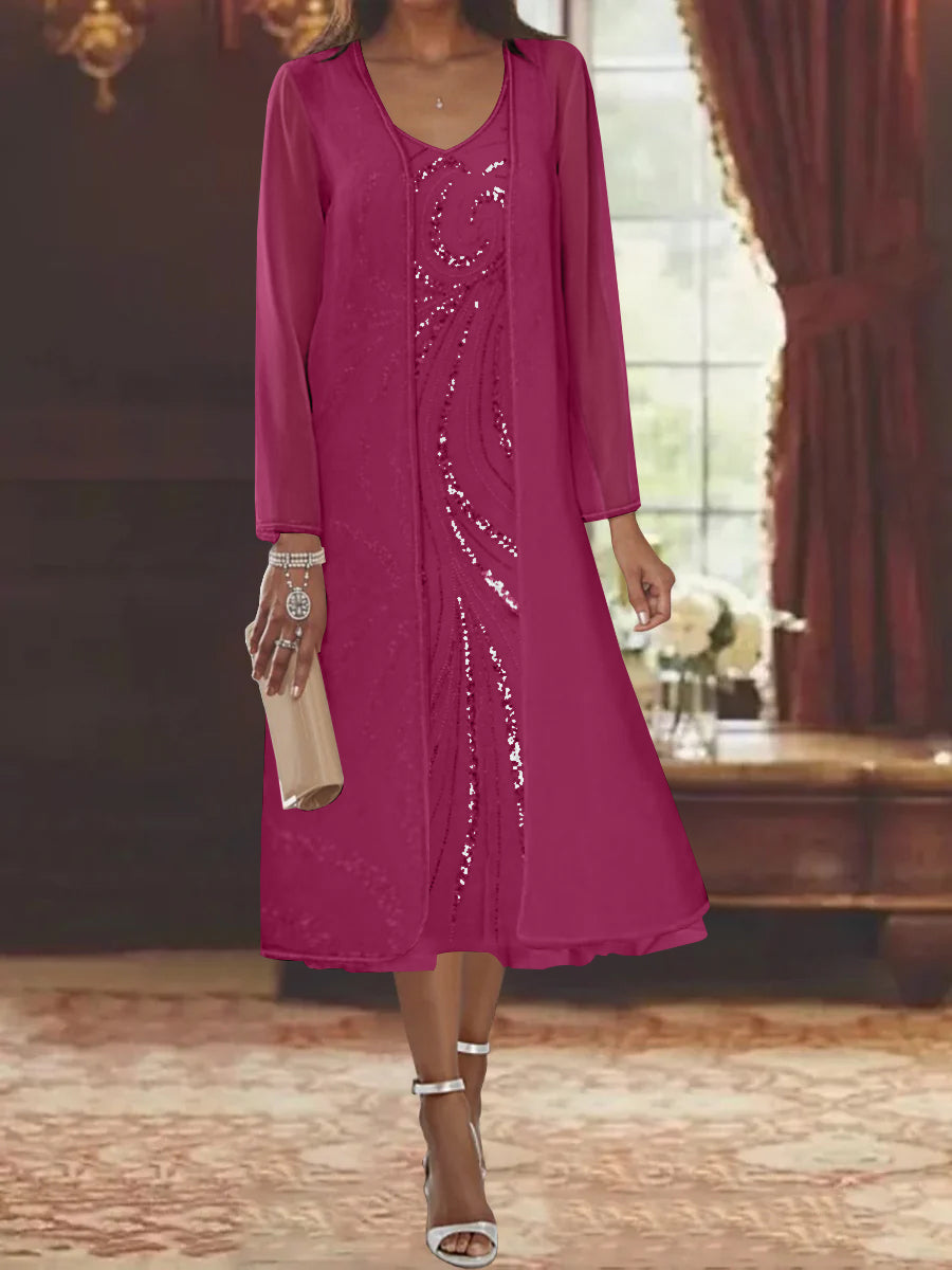 V Neck Long Sleeve Tea Length Mother of the Bride Dress with Jacket and Sequins
