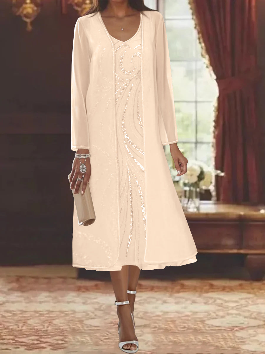 V Neck Long Sleeve Tea Length Mother of the Bride Dress with Jacket and Sequins