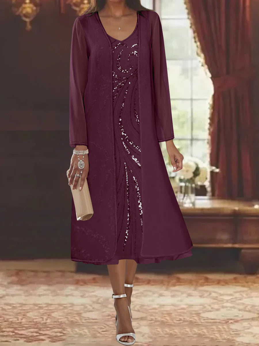 V Neck Long Sleeve Tea Length Mother of the Bride Dress with Jacket and Sequins
