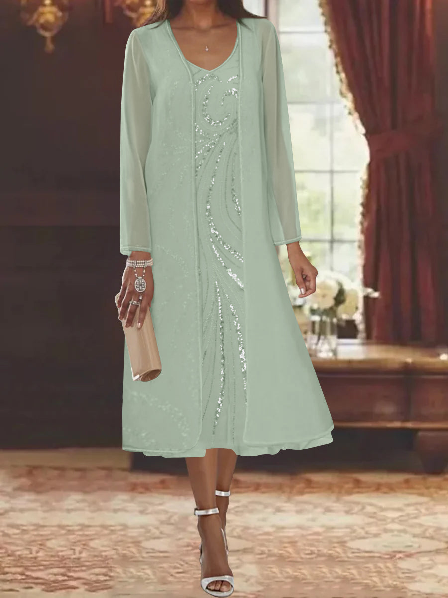 V Neck Long Sleeve Tea Length Mother of the Bride Dress with Jacket and Sequins