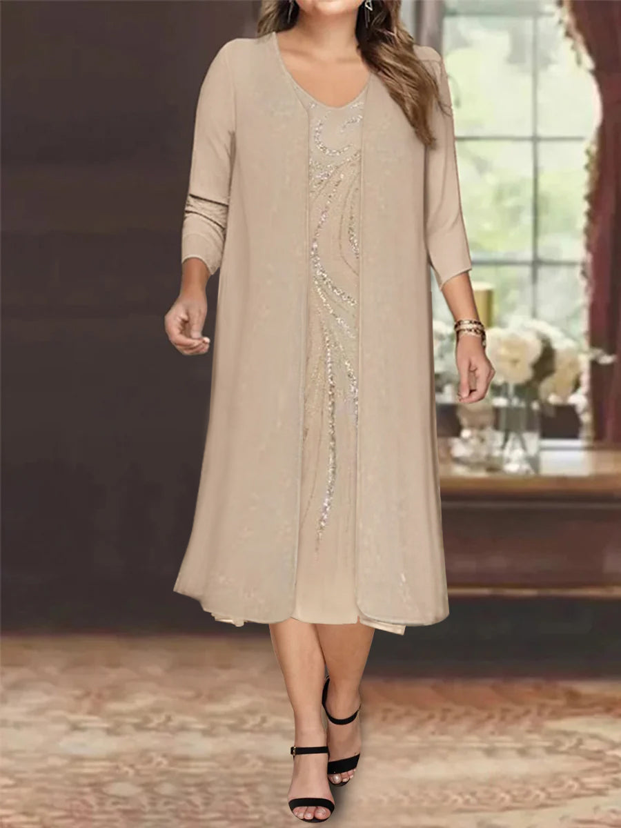 V Neck Long Sleeve Tea Length Mother of the Bride Dress with Jacket and Sequins
