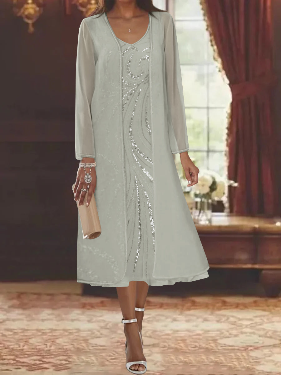 V Neck Long Sleeve Tea Length Mother of the Bride Dress with Jacket and Sequins