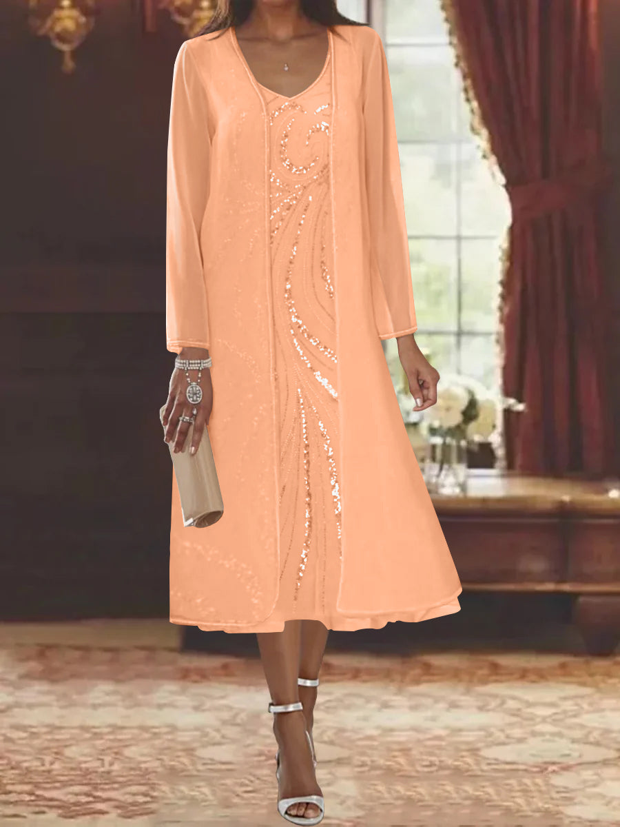 V Neck Long Sleeve Tea Length Mother of the Bride Dress with Jacket and Sequins