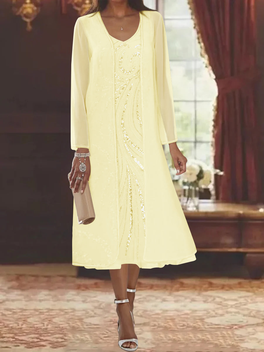 V Neck Long Sleeve Tea Length Mother of the Bride Dress with Jacket and Sequins