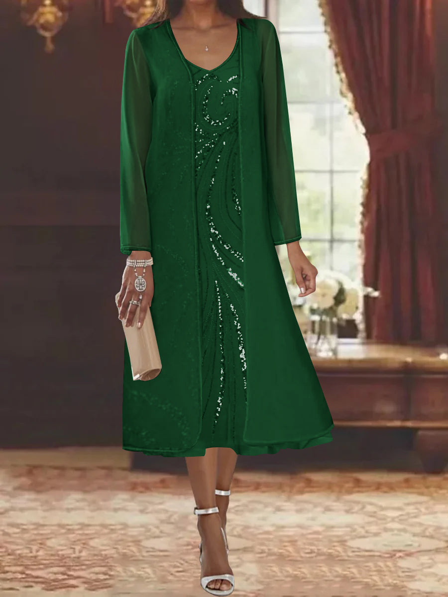 V Neck Long Sleeve Tea Length Mother of the Bride Dress with Jacket and Sequins