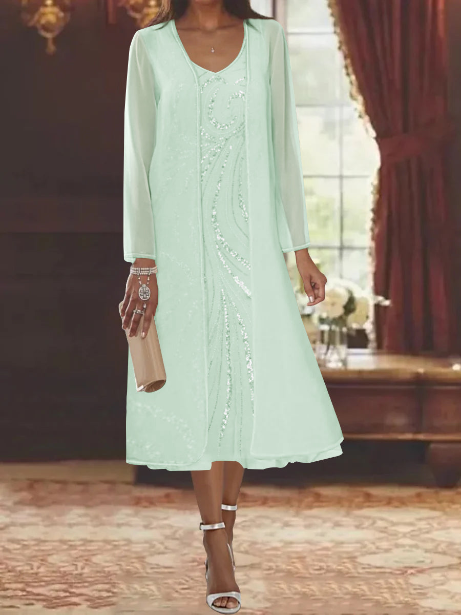 V Neck Long Sleeve Tea Length Mother of the Bride Dress with Jacket and Sequins
